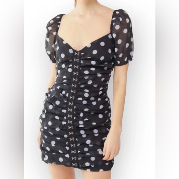Urban Outfitters Dresses & Skirts - Urban Outfitters black and white polka dot ruched corset dress with puff sleeves
